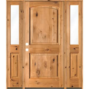 60 in. x 80 in. Rustic Knotty Alder Arch clear stain Wood Right Hand Inswing Single Prehung Front Door/Half Sidelites