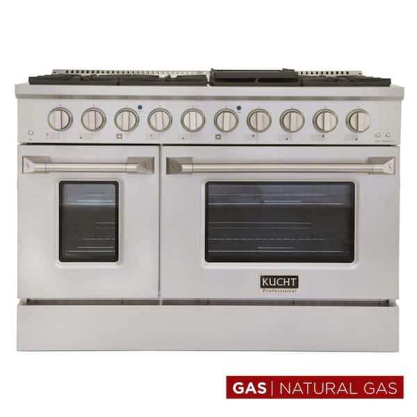 Pro-Style 48 in. 6.7 cu. ft. Double Oven Natural Gas Range with 8 Burners in Stainless Steel and Silver Oven Doors