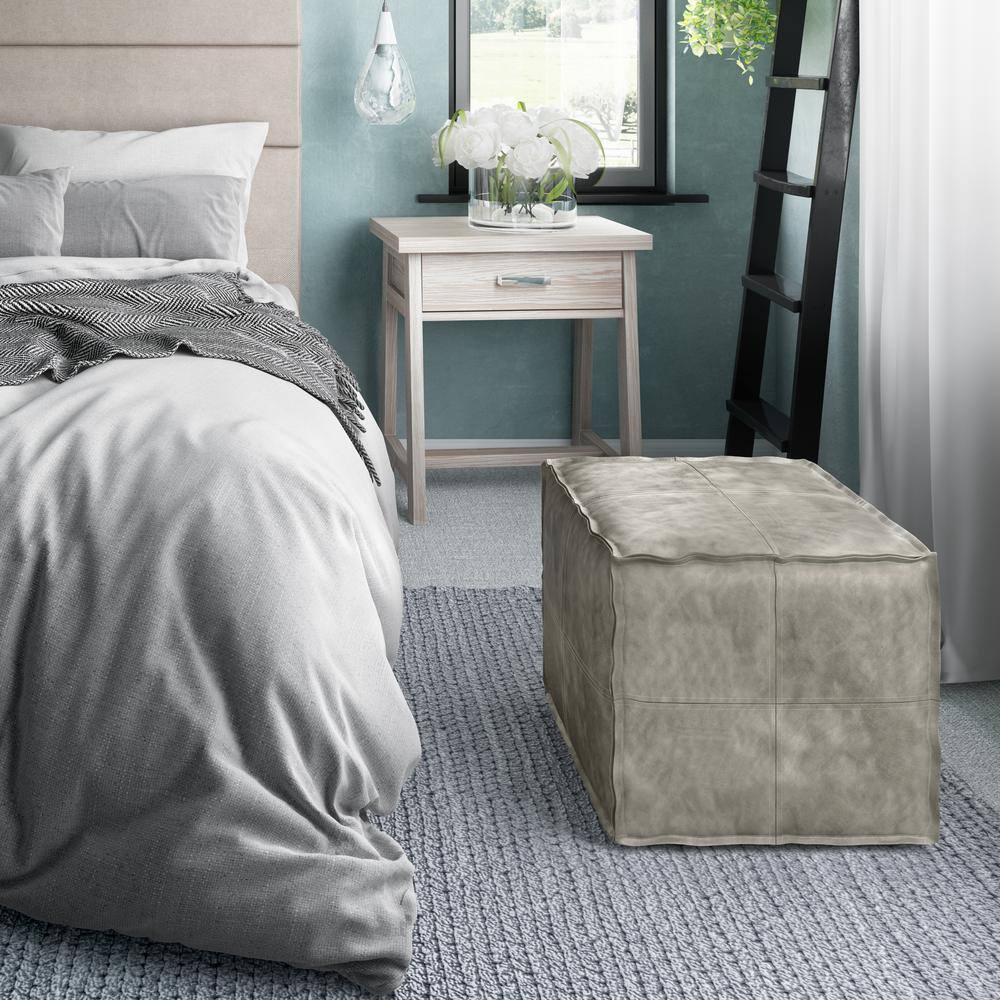 Brody Distressed Grey Faux Leather Square Pouf