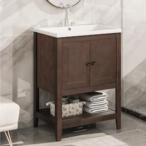 OSS 24 in. W x 18 in. D x 33 in. H Bathroom Vanity Desk in Brown with Open Style Shelf and Pure White Ceramic Sink Top