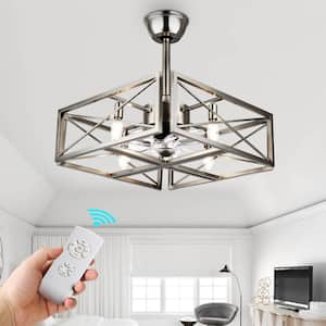 20 in. Indoor 4-Light Square Brushed Nickel Caged Ceiling Fan with Light and Remote Reversible Ceiling Fans