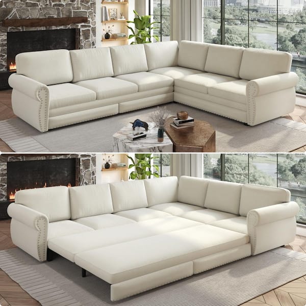 Oversize Convertible 118 in. Chenille Fabric Sectional Sofa in. Beige with Nail head Trim, Pull-out Sofa Sleeper