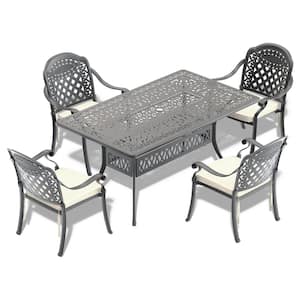 Isabella Black 5-Piece Cast Aluminum Outdoor Dining Set with Rectangle Table and Dining Chairs and Random Color Cushion
