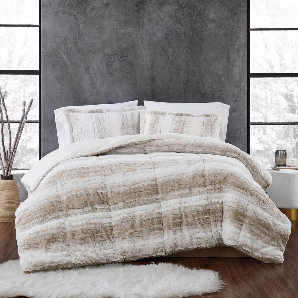 Snow Leopard 2-Piece Tan Faux Fur Twin XL Comforter Set