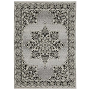 Channing Gray/Black Doormat 3 ft. x 5 ft. Floral Oriental Medallion Polyester Fringe Edge Indoor Area Rug