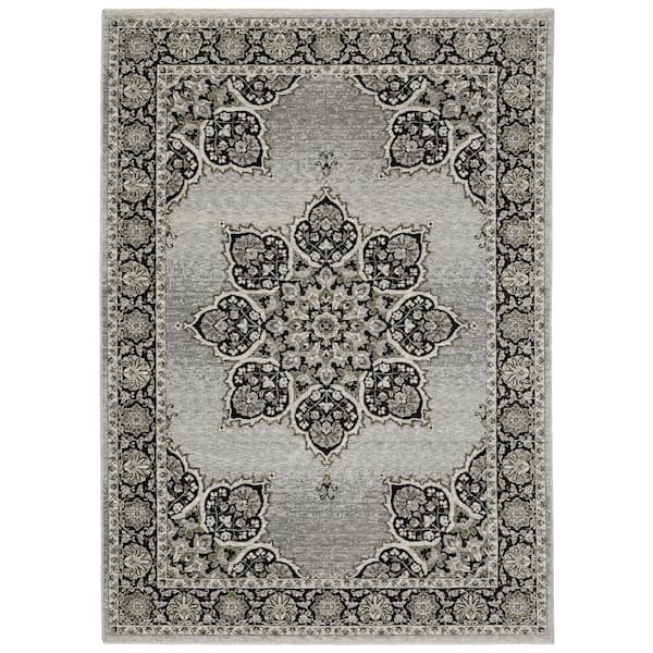 AVERLEY HOME Channing Gray/Black 10 ft. x 13 ft. Floral Oriental Medallion Polyester Fringe Edge Indoor Area Rug