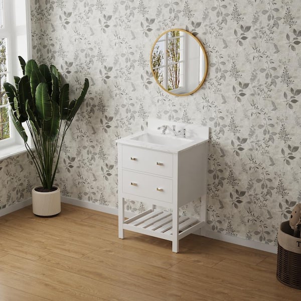 KINWELL 24 in. W x 19 in. D x 34 in. H Bathroom Vanity in White with White Marble Top and Single Sink