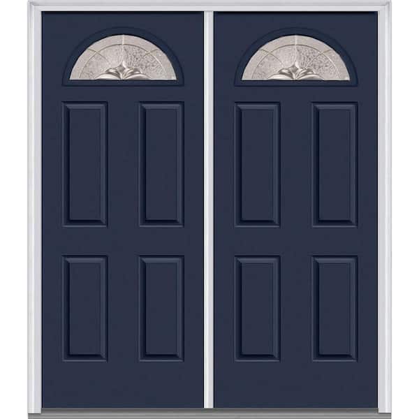 MMI Door 72 in. x 80 in. Heirlooms Left-Hand Inswing Fan Lite Decorative Glass 4-Panel Painted Steel Prehung Front Door