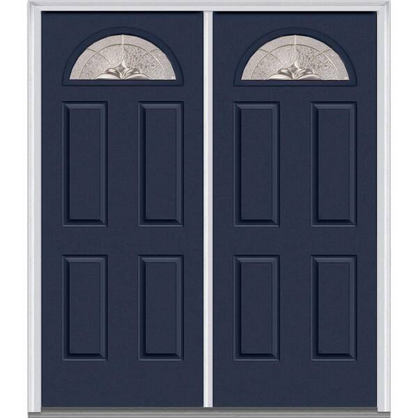 MMI Door 64 in. x 80 in. Heirlooms Left-Hand Inswing Fan Lite Decorative Glass 4-Panel Painted Steel Prehung Front Door