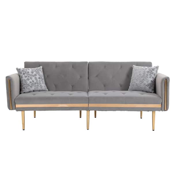 Angel Sar 73.23 in. Width Gray Tufted Velvet Twin Size Sofa Bed with 2 Patterned Pillows