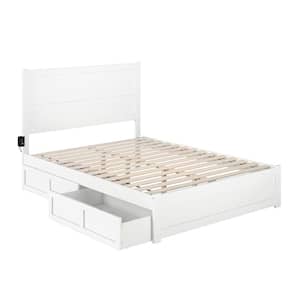 NoHo White Queen Solid Wood Storage Platform Bed with Footboard and 2 Drawers