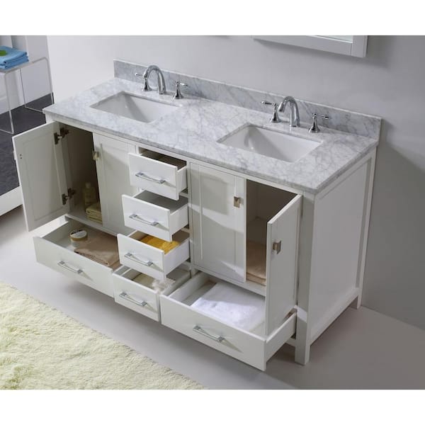 Virtu Usa Caroline Avenue 60 In W Bath Vanity In White With Marble Vanity Top In White With Square Basin And Mirror Gd Wmsq Wh The Home Depot