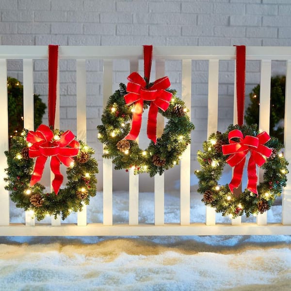 19 in. Christmas Wreath with LED Lights with Ribbon, 3 Pieces Christmas Wreaths for Front Door
