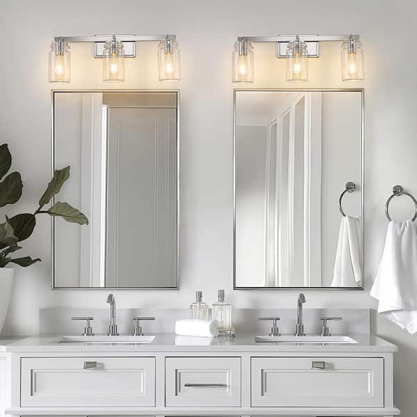 24 in. 3-Light Chrome Modern Cylinder Vanity Light for Bathroom Mirror with Clear Glass Shades