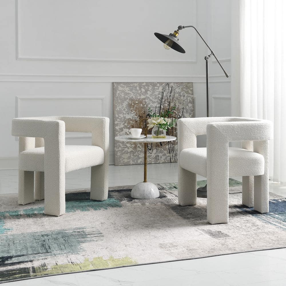 Beige Boucle Upholstered Square Arm Accent Chairs, Set of 2