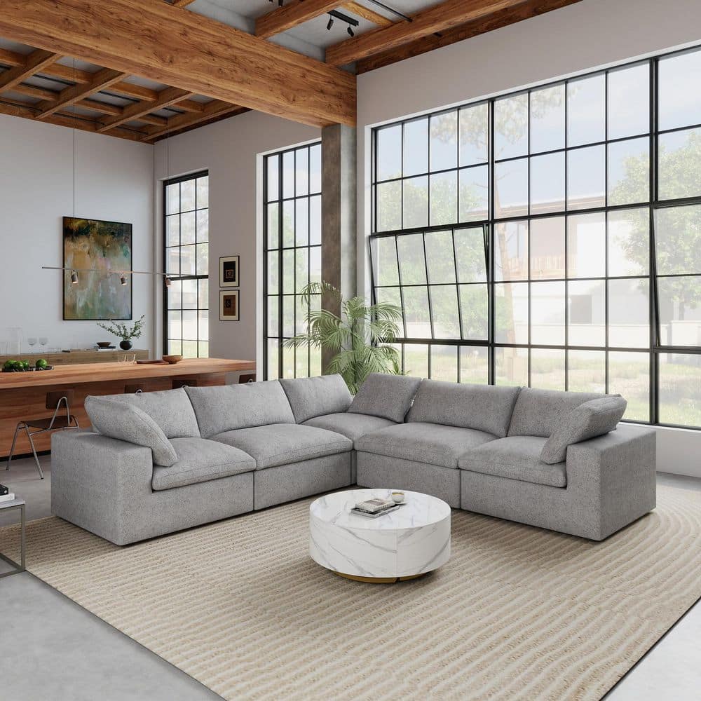 J&E Home 117.9 in. Square Arm Linen L-Shaped Down Sofa with 
