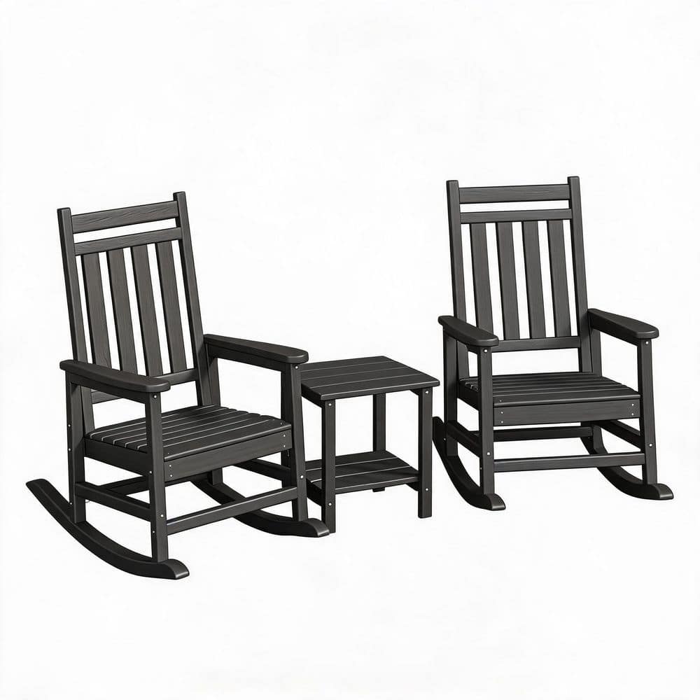 Black 3-Piece Plastic Patio Conversation Seating Set with HDPE 2 Rocking Chairs and 1 Side Table for Porch, Garden