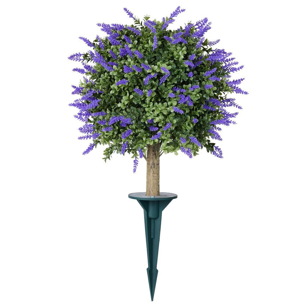 16 in. Artificial Boxwood Topiary Ball with Lavender Outdoor Fake Shrubs with Ground Spike