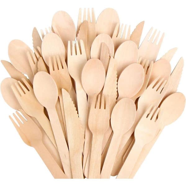 Natural Brown Disposable Wooden Utensils Set Eco-Friendly Compostable Cutlery Party Tableware 500 Pieces Per Case