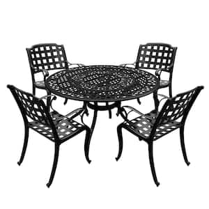 Black 5-Piece Aluminum Round Mesh Outdoor Dining Set with 4-Chairs