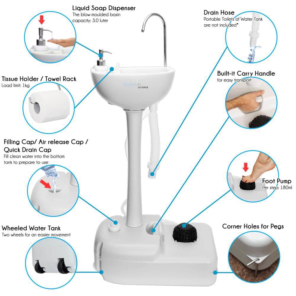 SereneLife White Portable Camping Sink with Foot Pump and Soap Dispenser
