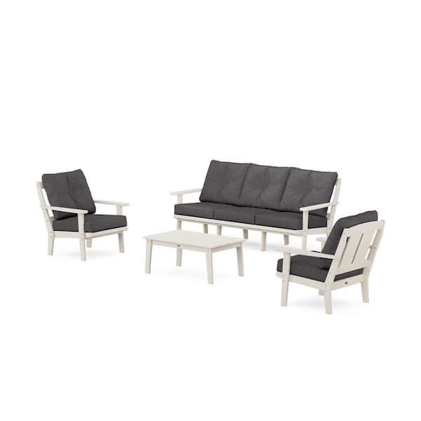 POLYWOOD Mission 4-Pcs Plastic Patio Conversation Set with Sofa in Sand/Ash Charcoal Cushions