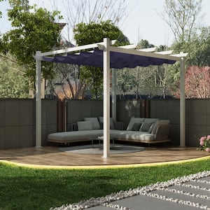 10 ft. x 10 ft. White Aluminum Frame Outdoor Patio Pergola Gazebo with Navy Blue Retractable Sun Shade Canopy for Garden