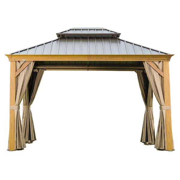 10 ft. x 12 ft. Hardtop Gazebo Pop-Up Canopy Wooden Coated Aluminum Frame Galvanized Steel Outdoor Double Roof for Patio