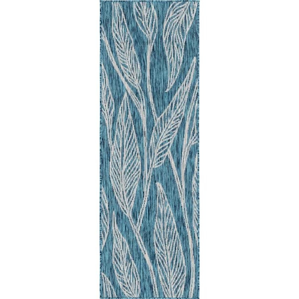 Outdoor Leaf Teal 2 ft. x 6 ft. Runner Rug