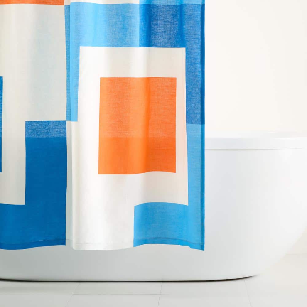 Lucy Mid-Century Squares Cotton Fabric Shower Curtain, White and Orange, 70"x72"