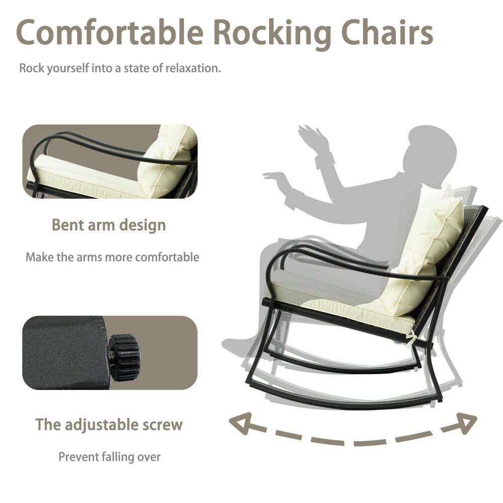Black Metal and White Cushion 3-Piece Outdoor Rocking Chair Set
