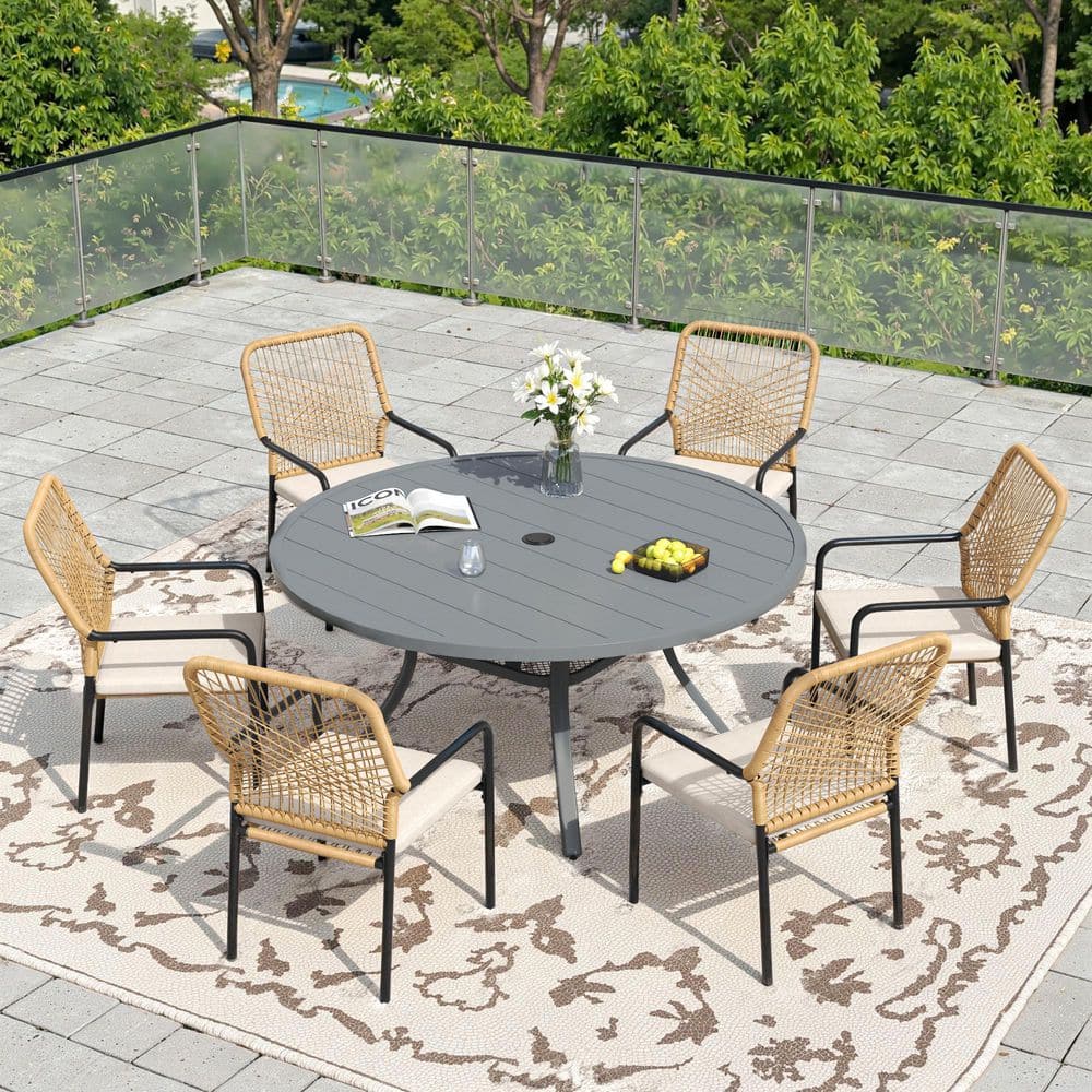 7-Piece Metal Outdoor Dining Set with 47.2 in. Gray Round Table and 6 Woven Rattan Chairs with Beige Cushions price history on PriceWatchPro