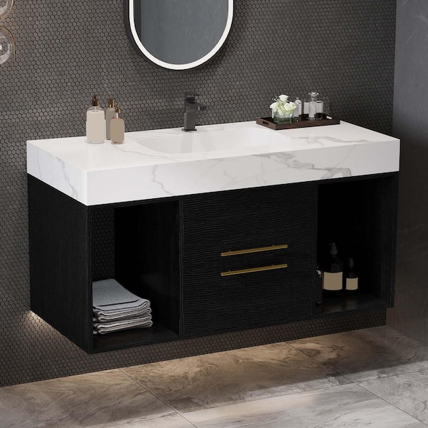 39.4 in. Wall Mounted Single Sink Black Bath Vanity with White Sintered Stone Top Requires Assembly