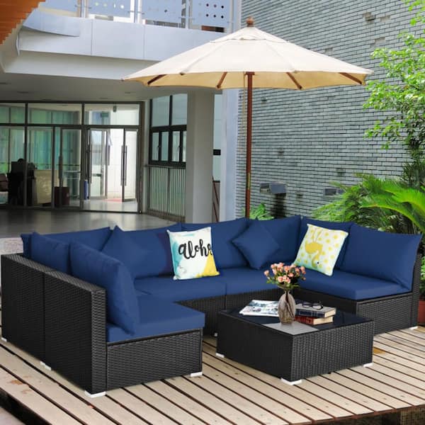 7-Piece Wicker Outdoor Sectional Set Furniture Sofa Set with White Blue Cushions and Coffee Table