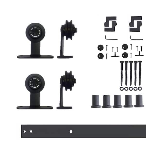 HOMACER 7 ft./84 in. Black Rustic Non-Bypass Sliding Barn Door Hardware Kit T-Shape Design Roller for Double Doors