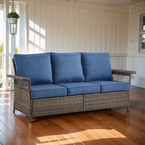 StLouis Brown 1-Piece Wicker 3-Seat Sofa Outdoor Couch with Blue Cushions