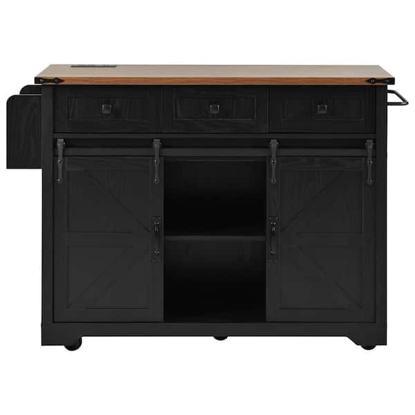 53 in. Black Wood Kitchen Cart with Power Outlet, Kitchen Storage Island with Drop Leaf, Spice Rack and Drawer