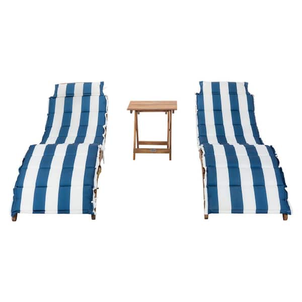 SAFAVIEH Pacifica Natural 3-Pieces Wood Outdoor Chaise Lounge Chair with Navy Striped Cushion