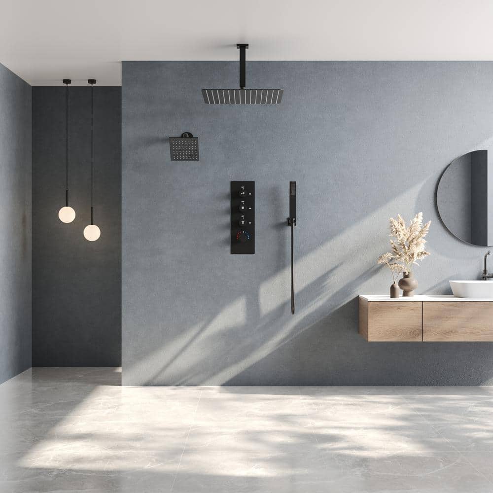 Matte Black Stainless Steel Dual Shower Head System with Thermostatic Valve