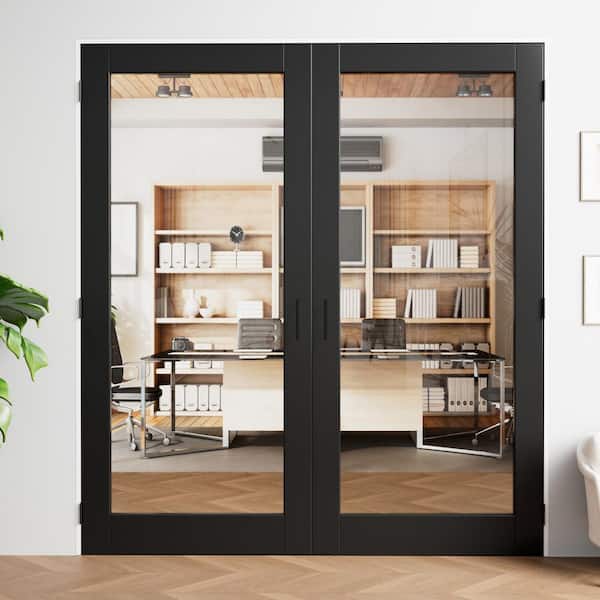 72 in. x 80 in. 1-Lite Clear Glass Universal Black Solid Core Glass Double Prehung French Door+ Separate Jamb Ball Catch