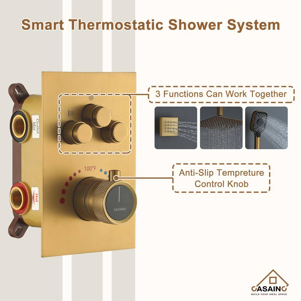 Brushed Gold Multi-Head Ceiling Mounted Shower System with Body Jets