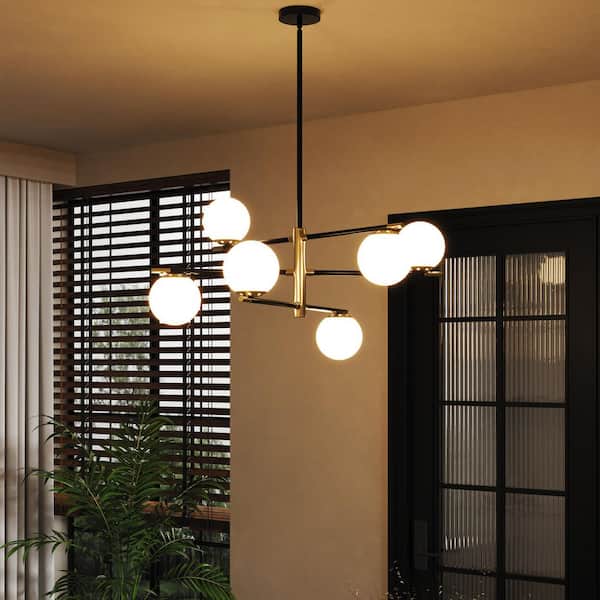 6-Light Gold and Black Dimmable Modern Sputnik Sphere Chandelier With Glass Shade