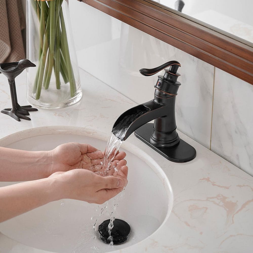 Oil Rubbed Bronze Single Handle Waterfall Bathroom Faucet with Pop-up Drain