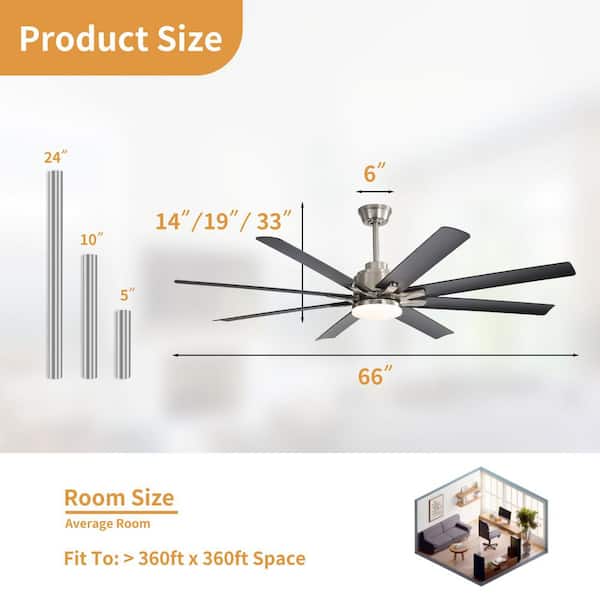 66 in. Integrated LED Indoor Downrod Mount Chrome/Black Standard Ceiling Fan with Dimmable Light and Remote 6-Speed