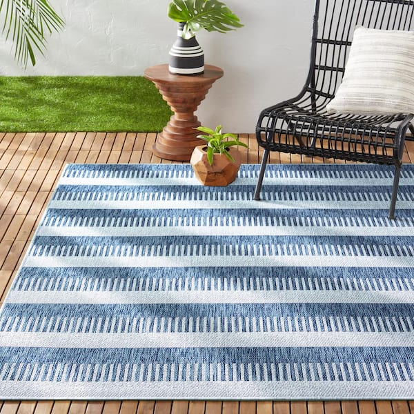 Patio Country Charlotte Aqua/Ivory 8 ft. x 10 ft. Modern Striped Indoor/Outdoor Area Rug