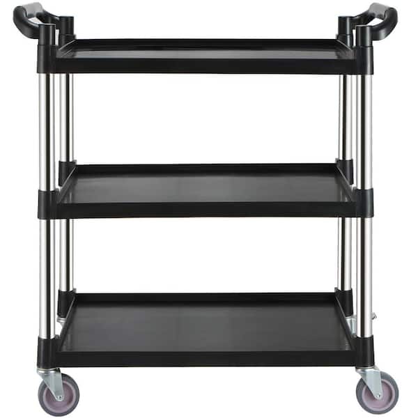 Utility Service Cart 3-Shelf Heavy-Duty 154 lbs. Food Service Cart 33 in. x 16 in. x 37 in. with Lockable Wheels Black