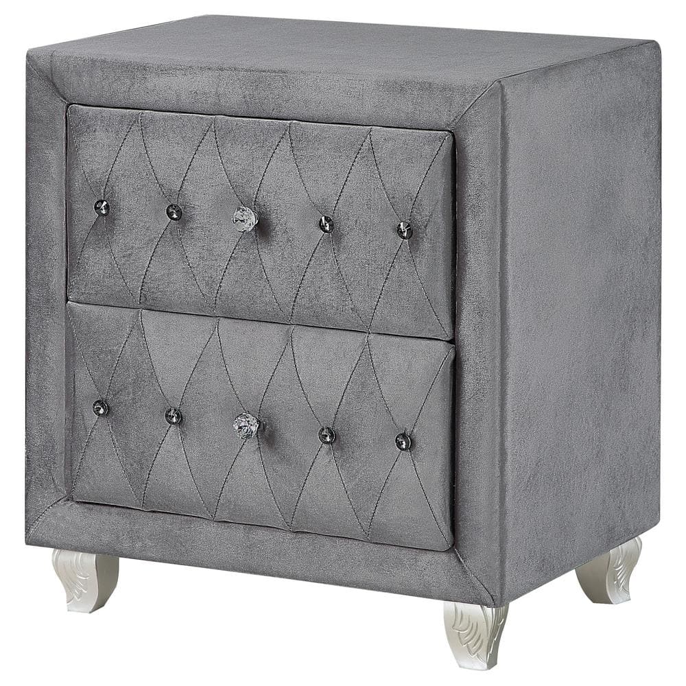 Gray Velvet 2-Drawer Nightstand with Crystal Pulls