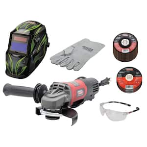 11 Amp Angle Grinder Helmet Kit with 10 Cut-off Wheels, 10 Flap Discs, Safety Glasses and Welding Gloves