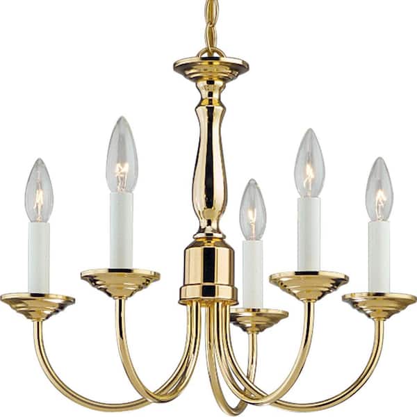 Progress Lighting Five-Light Polished Brass White Candles Traditional Chandelier Light