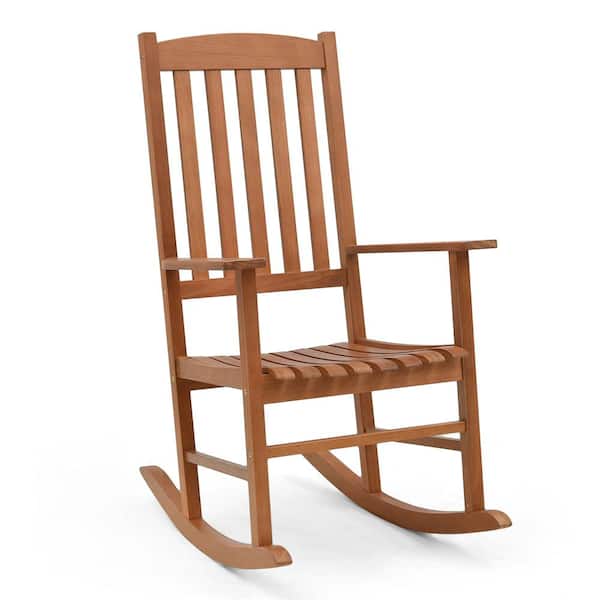 Costway Brown Eucalyptus Wood Outdoor Rocking Chair Ergonomic Slatted Garden